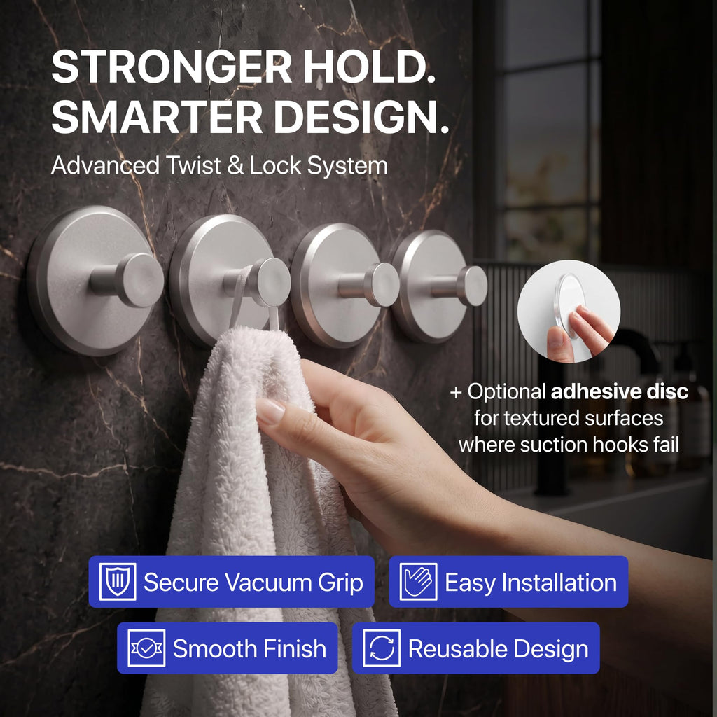 HOME SO Suction Cup Hooks for Shower & Bathroom Towel Holder 2-Pack Black