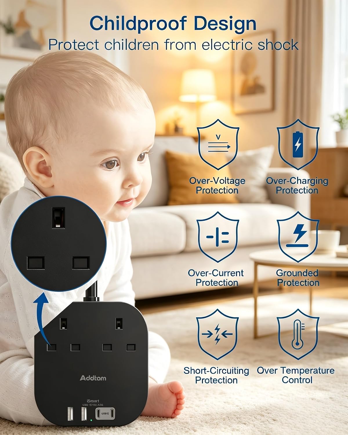 Addtam Extension Lead with USB Slots, Power Strips with 2 Way Outlets 4 USB