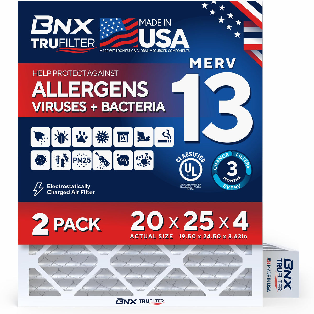 BNX TruFilter 20x20x1 Air Filter MERV 13 Smoke, Allergy, Pet Defense 6-Pack