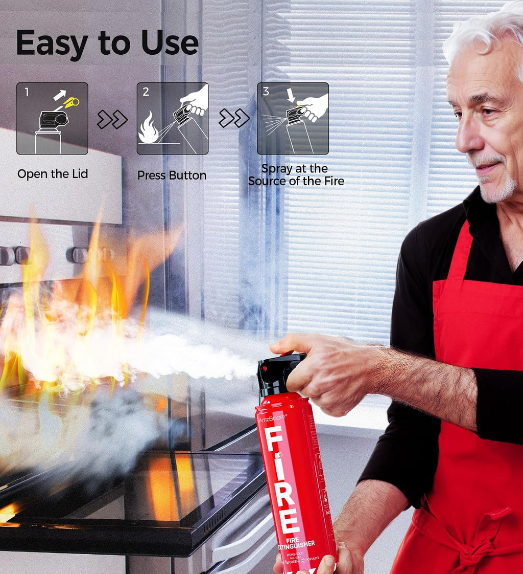 AmzBoom 2-Pack Fire Extinguisher for Home, Kitchen, Car, and Grill with Mounting Bracket– Extinguishing Spray, Compact A, B, C, K – Eco-Friendly, Prevents Reignition.