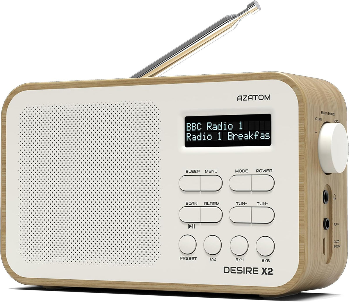 DAB/DAB+ & FM Portable Digital Radio | Simple Controls | Dual Alarms & Sleep Timer | Battery & Mains Powered (4x”AA”) | Bluetooth | Perfect for Home, Office or Outdoors | AZATOM Desire X2 (Oak)