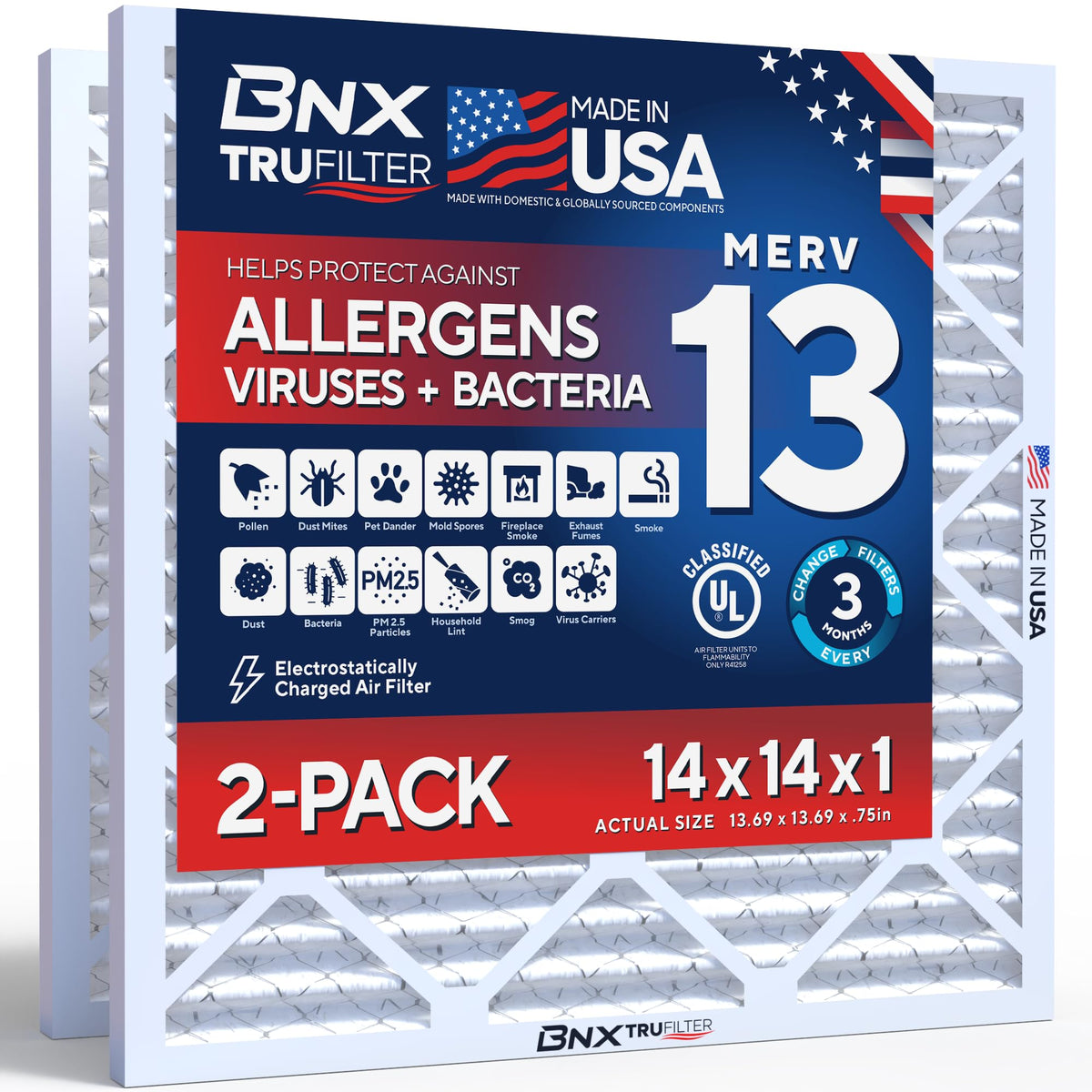 BNX TruFilter 20x20x1 Air Filter MERV 13 Smoke, Allergy, Pet Defense 6-Pack