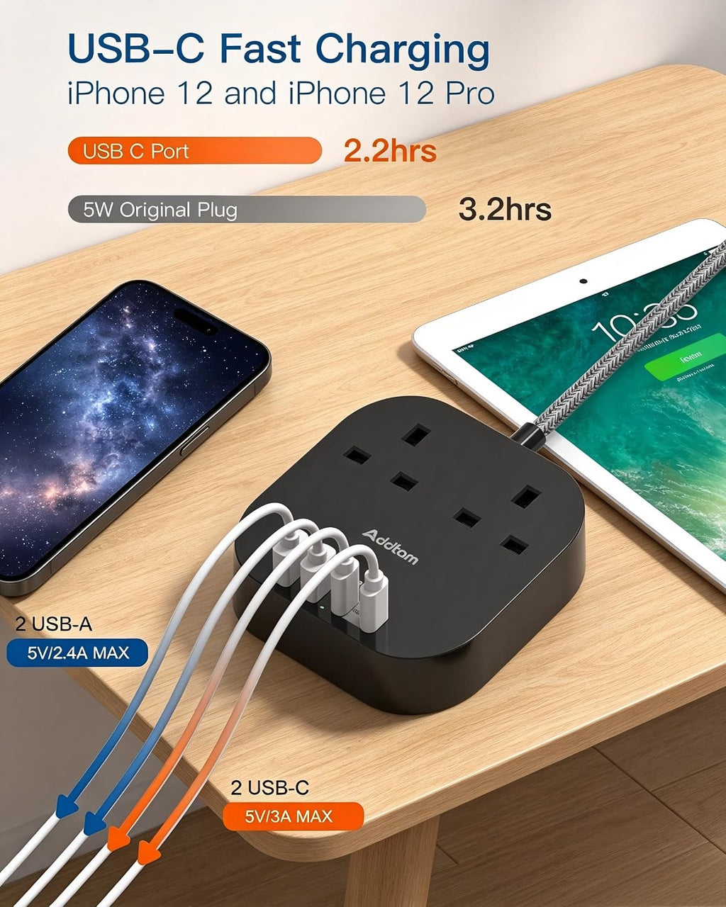 Addtam Extension Lead with USB Slots, Power Strips with 2 Way Outlets 4 USB