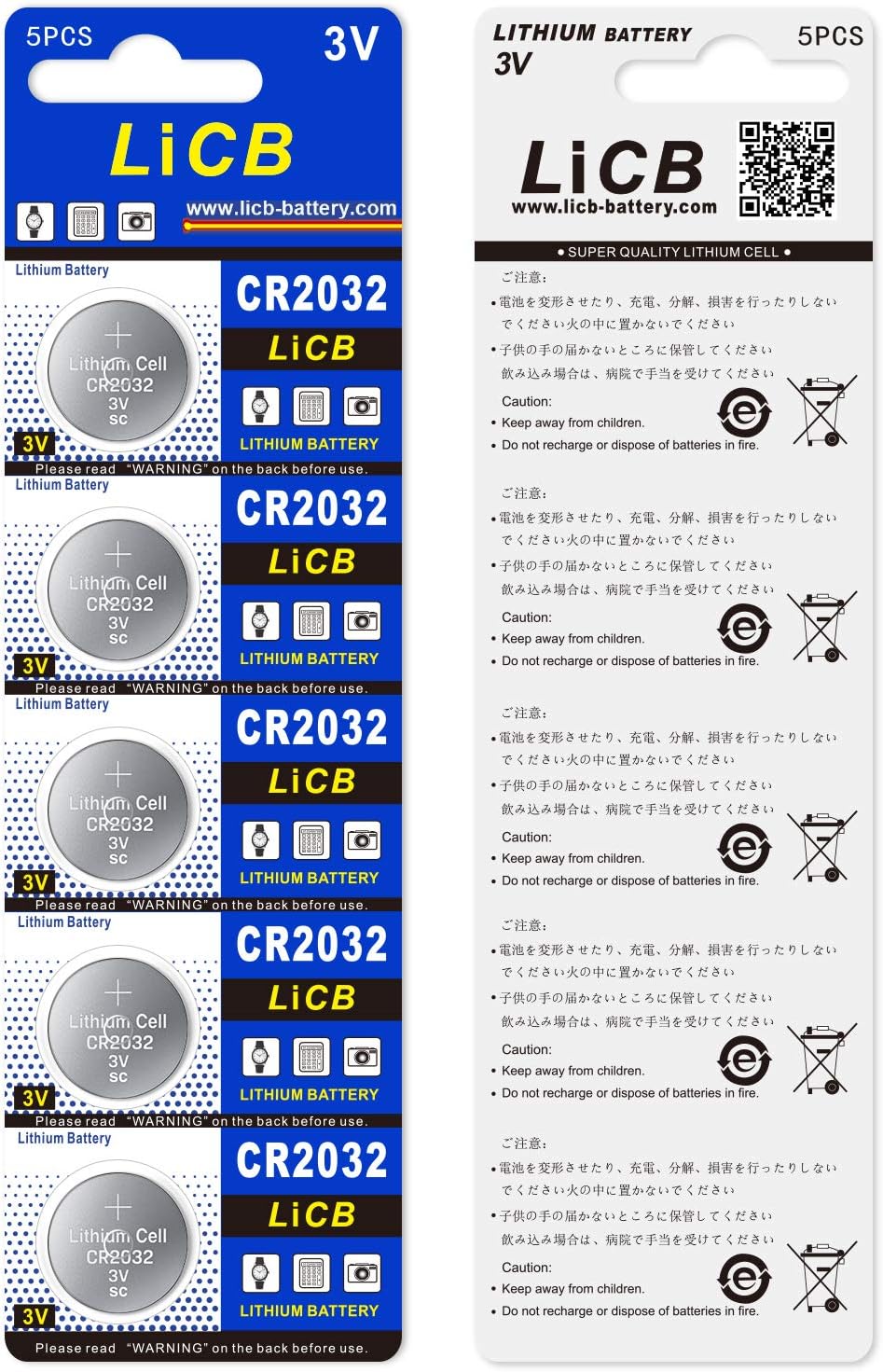 LiCB CR2032 Battery 3V Lithium 5PCS (CR 2032 / Batteries CR2032 / DL2032 / ECR2032/) for Computer motherboards,Remotes,LED lights,Glucometers,Toys,Car key,Scales.