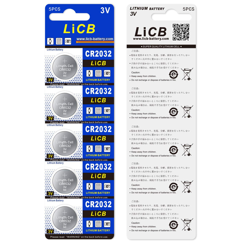 LiCB CR2032 Battery 3V Lithium 5PCS (CR 2032 / Batteries CR2032 / DL2032 / ECR2032/) for Computer motherboards,Remotes,LED lights,Glucometers,Toys,Car key,Scales.