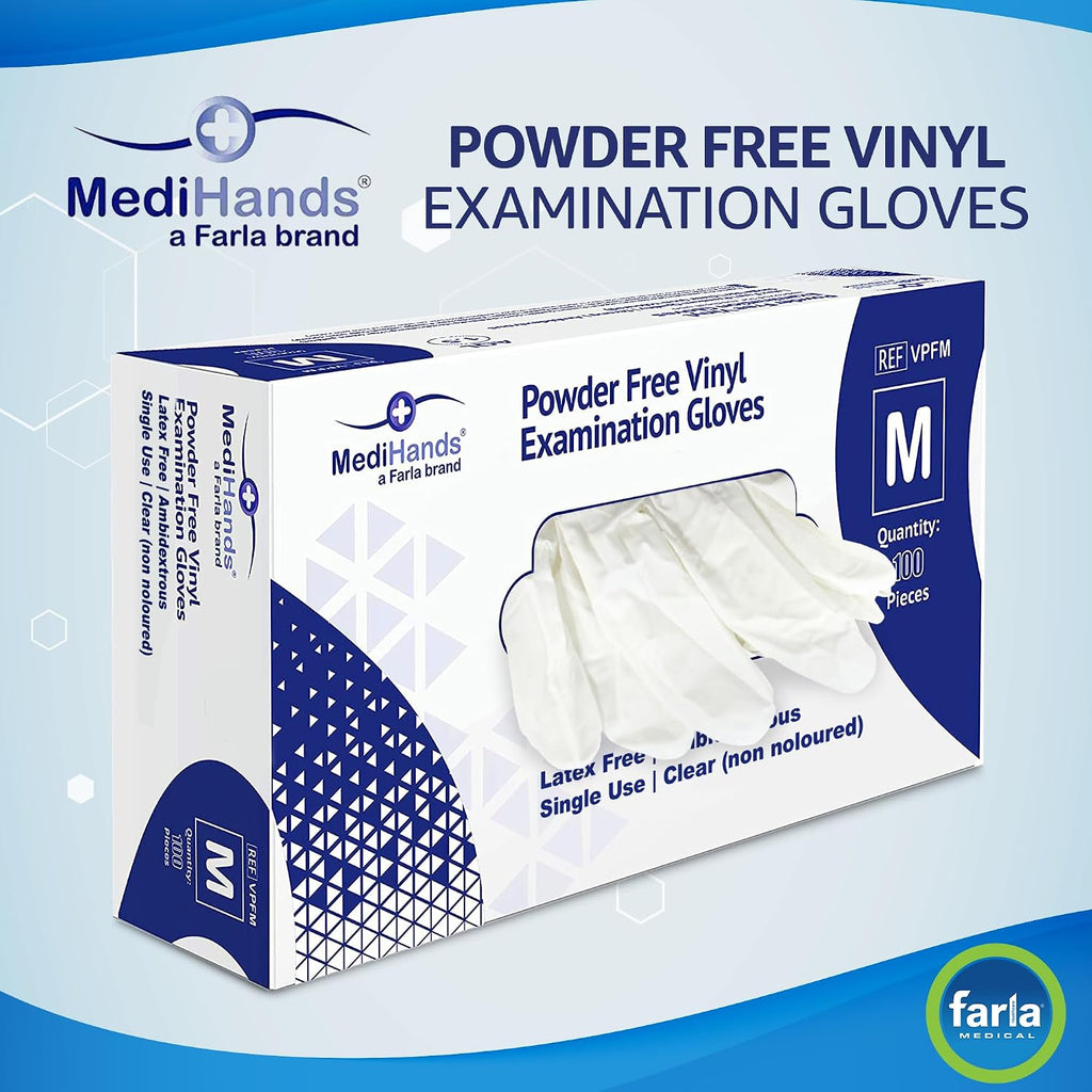 MediHands Clear Vinyl Powder Free Gloves | Food Safe | Disposable | Latex Free | Medium - Pack of 100