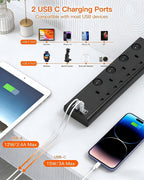 Black Extension Lead with 4 USB Slots(2 USB C), 4 Way Plug Extension Socket