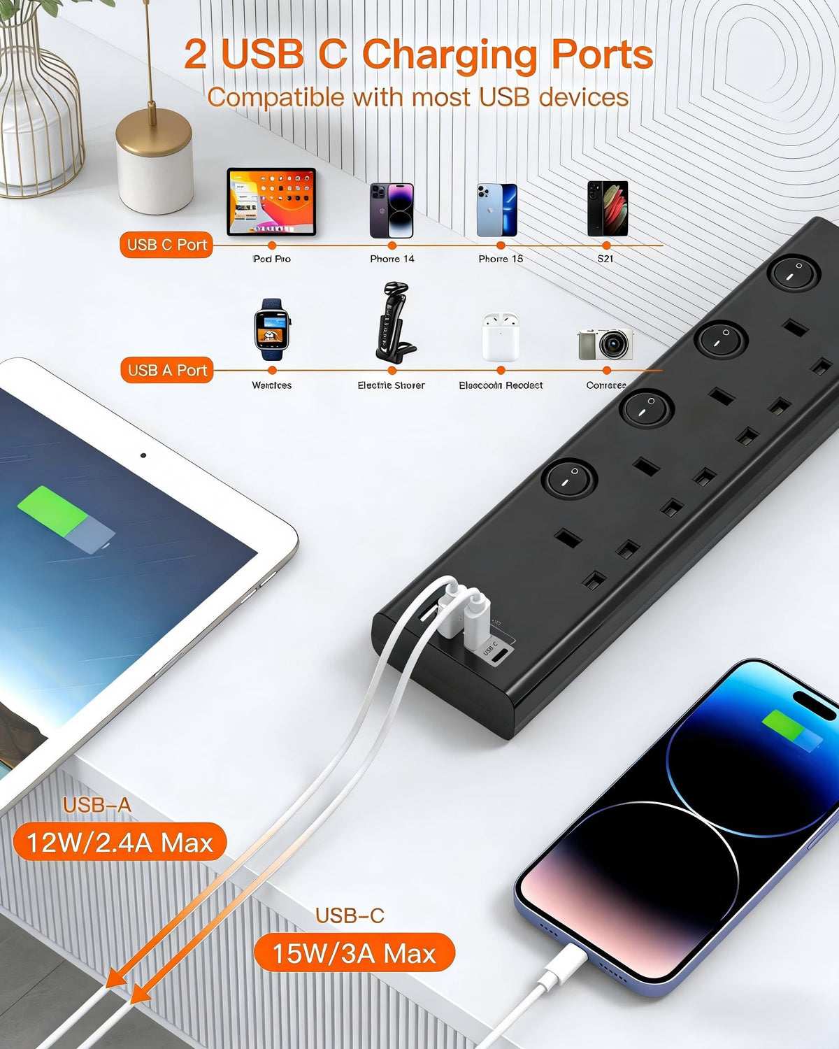 Black Extension Lead with 4 USB Slots(2 USB C), 4 Way Plug Extension Socket