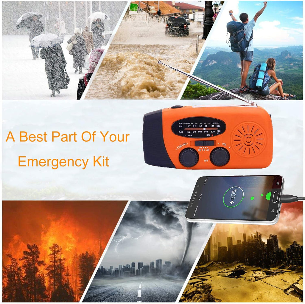 SOLARBABY Wind Up Solar Radio, Emergency Hand Crank Self Powered AM/FM Survival Solar Weather Radio with LED Flashlight,SOS Alarm,2000mAh Emergency Power Bank for Smart Phone (M-Orange)