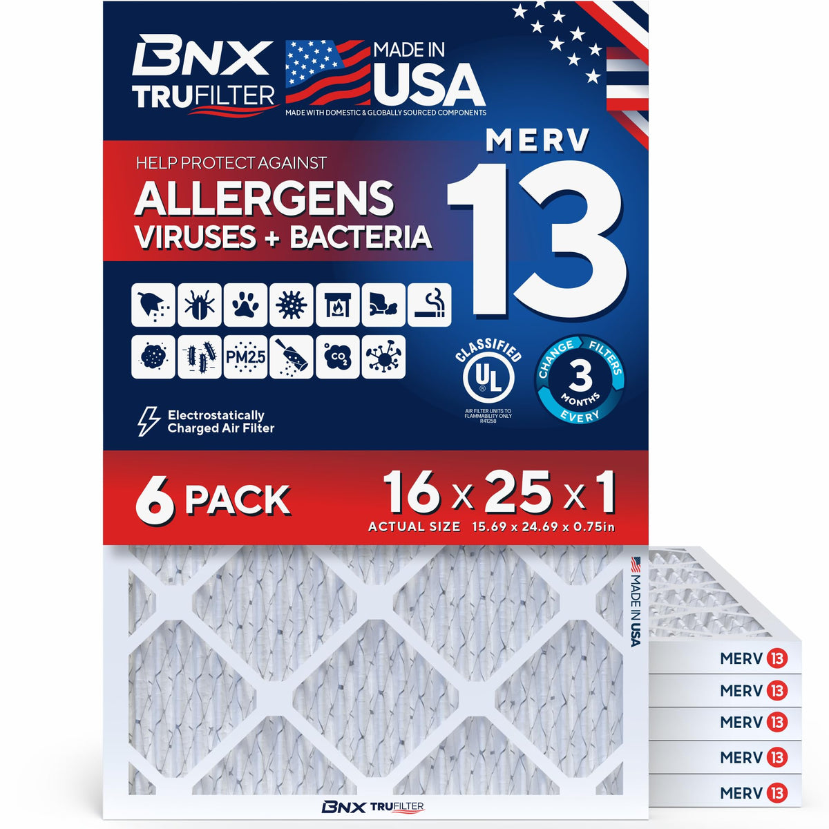 BNX TruFilter 20x20x1 Air Filter MERV 13 Smoke, Allergy, Pet Defense 6-Pack