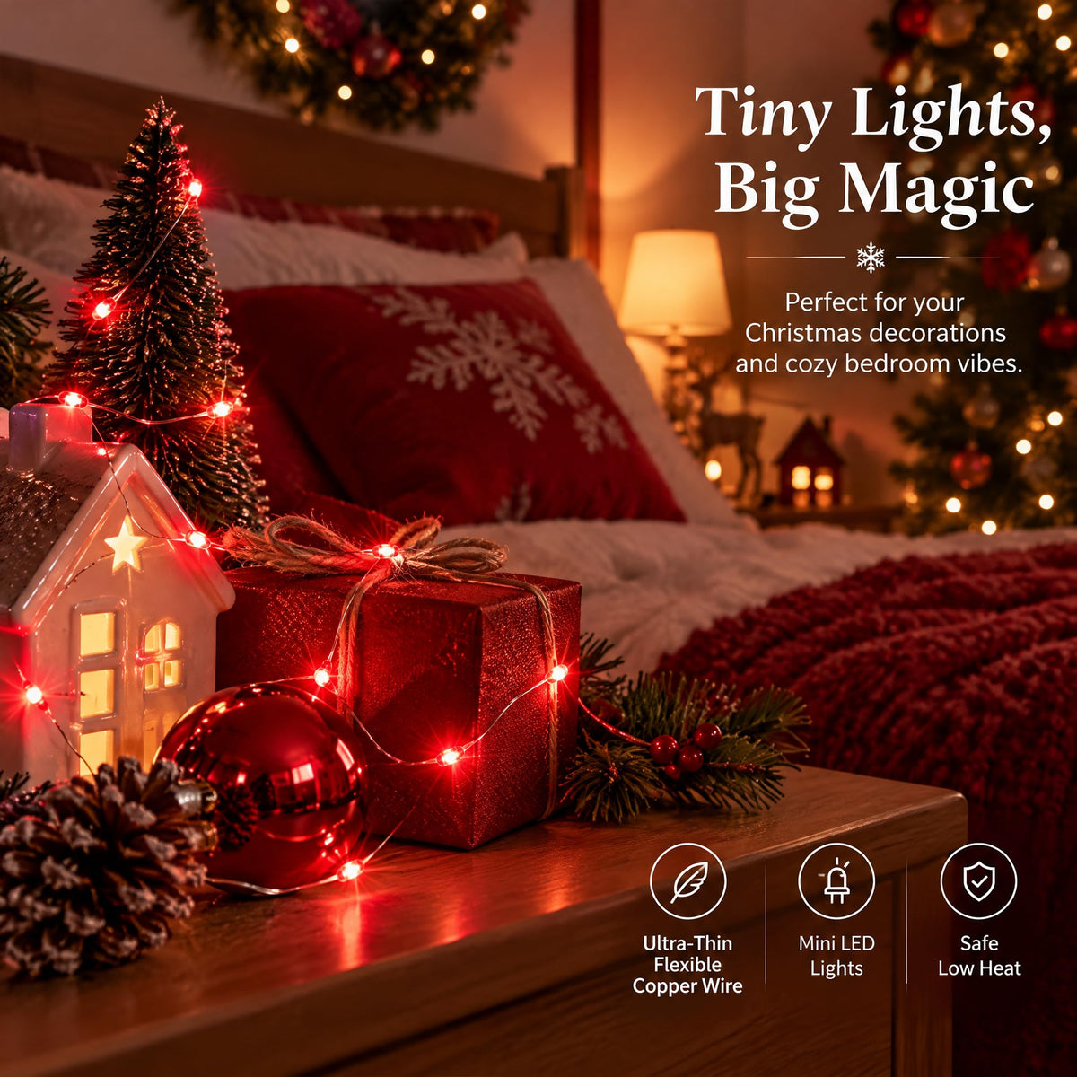 Dazzle Bright Fairy Lights Battery Operated, 20 FT 60 LED Silver Wire Waterproof Battery Operated String Lights, Christmas Decorations for Indoor Outdoor Bedroom Yard Decor, Red