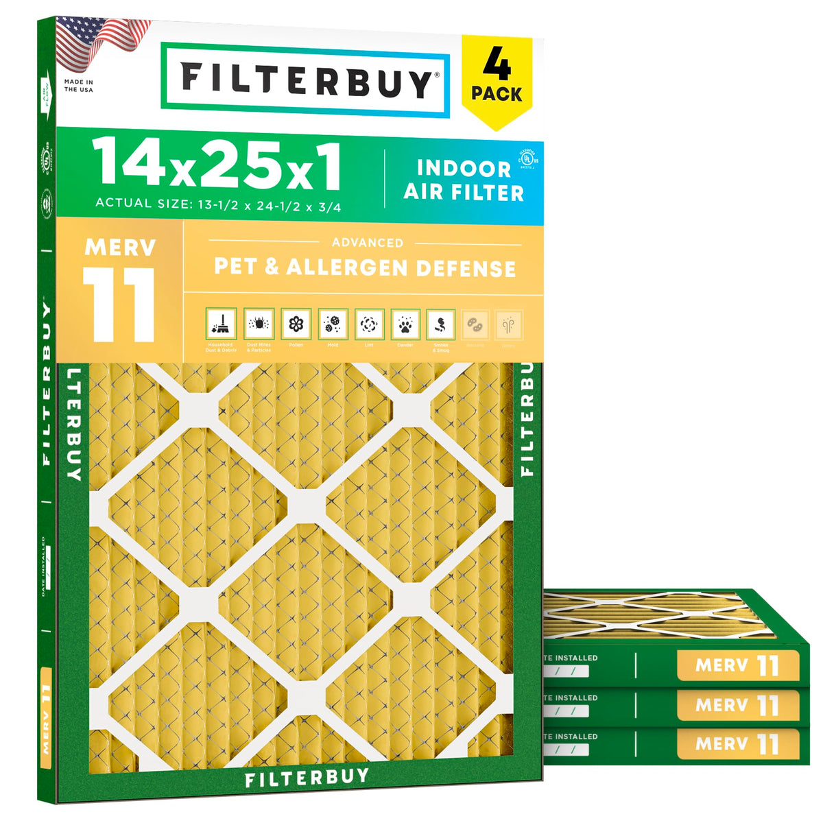 Filterbuy 16x20x1 Air Filter MERV 11 Pet & Allergy Defense (4-Pack)