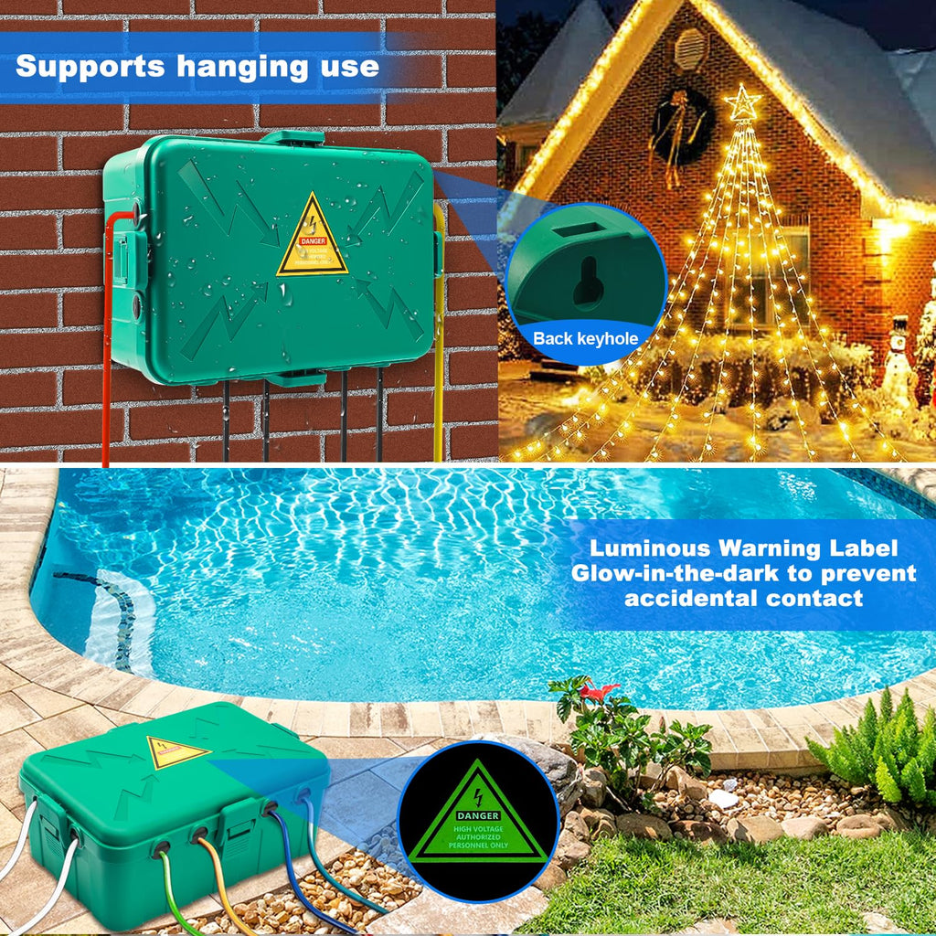 Hrensaw Medium Outdoor Electrical Box(10.6x5.5x4.5inch),Weatherproof Connection Box w/6 Cable Entry,IP54 Waterproof Extension Cord Cover Protect Power Strip,Timer,Plug,Holiday Lights,Black