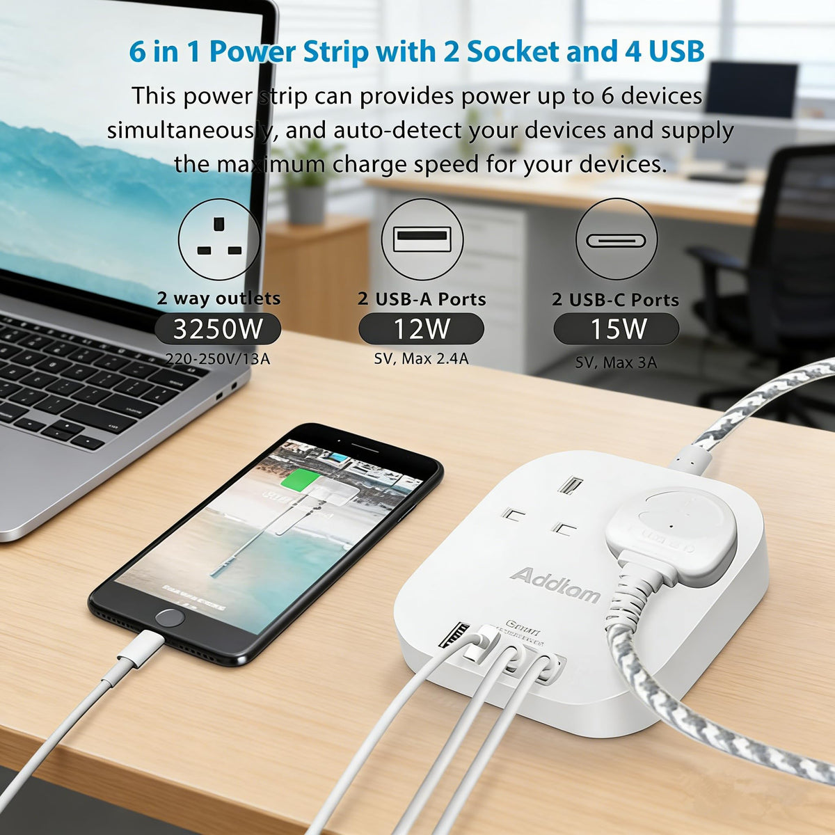 Extension Lead, Power Strips with 2 Way Outlets 4(4.5A, 2 Type C & 2 USB-A)