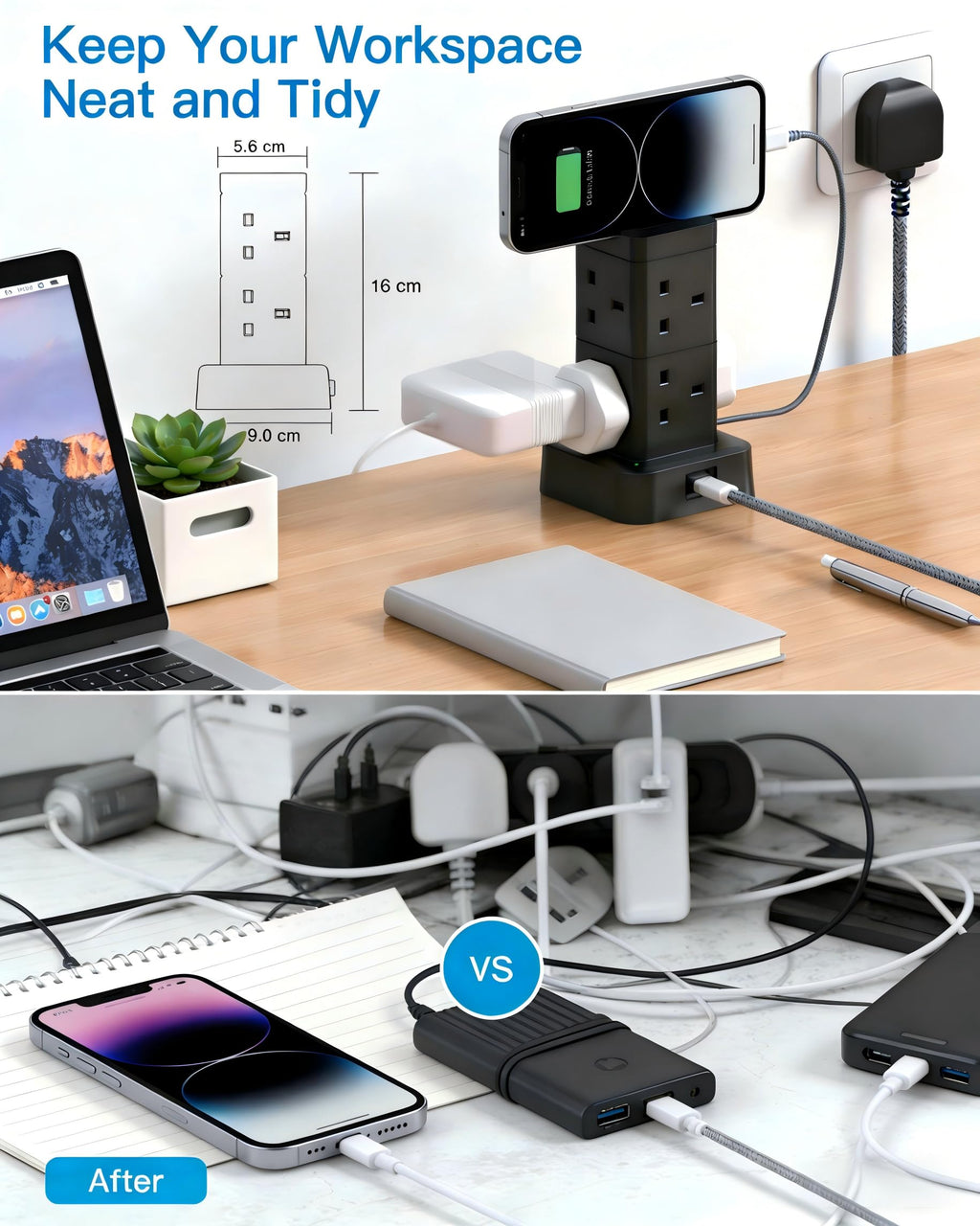 3M Tower Extension Lead with 2 USB C Slots, 8 Way Outlets Power Strip, 10Ft