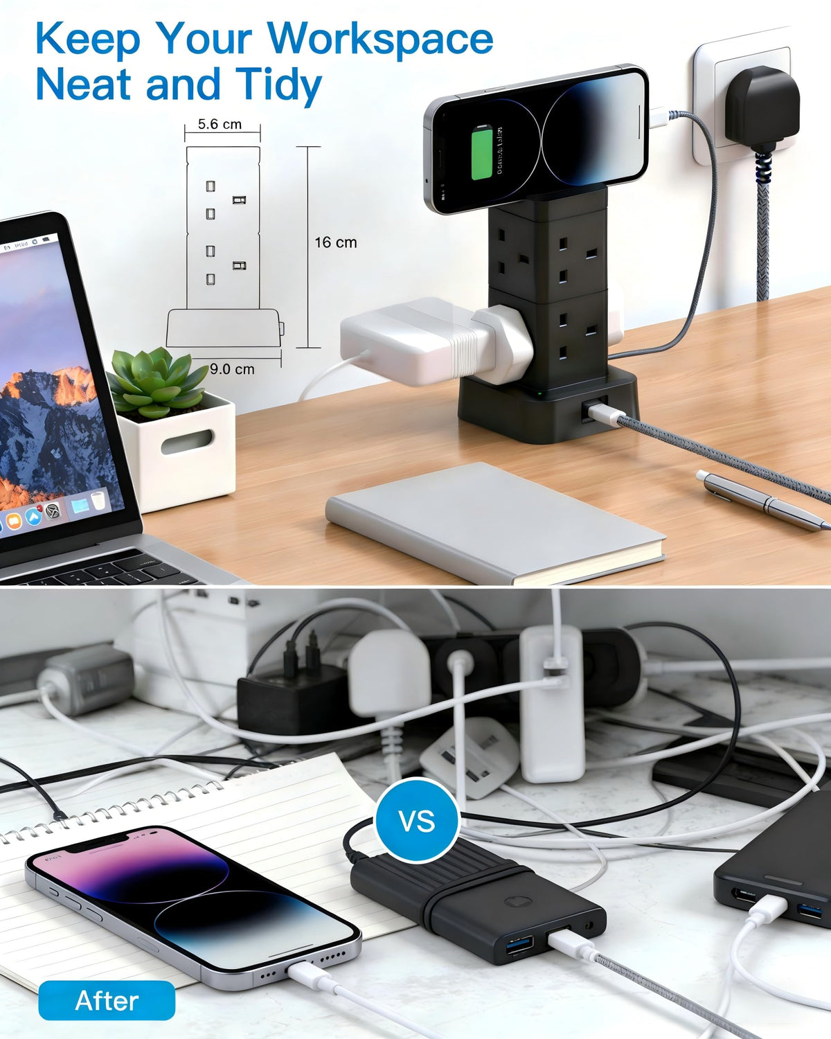 3M Tower Extension Lead with 2 USB C Slots, 8 Way Outlets Power Strip, 10Ft