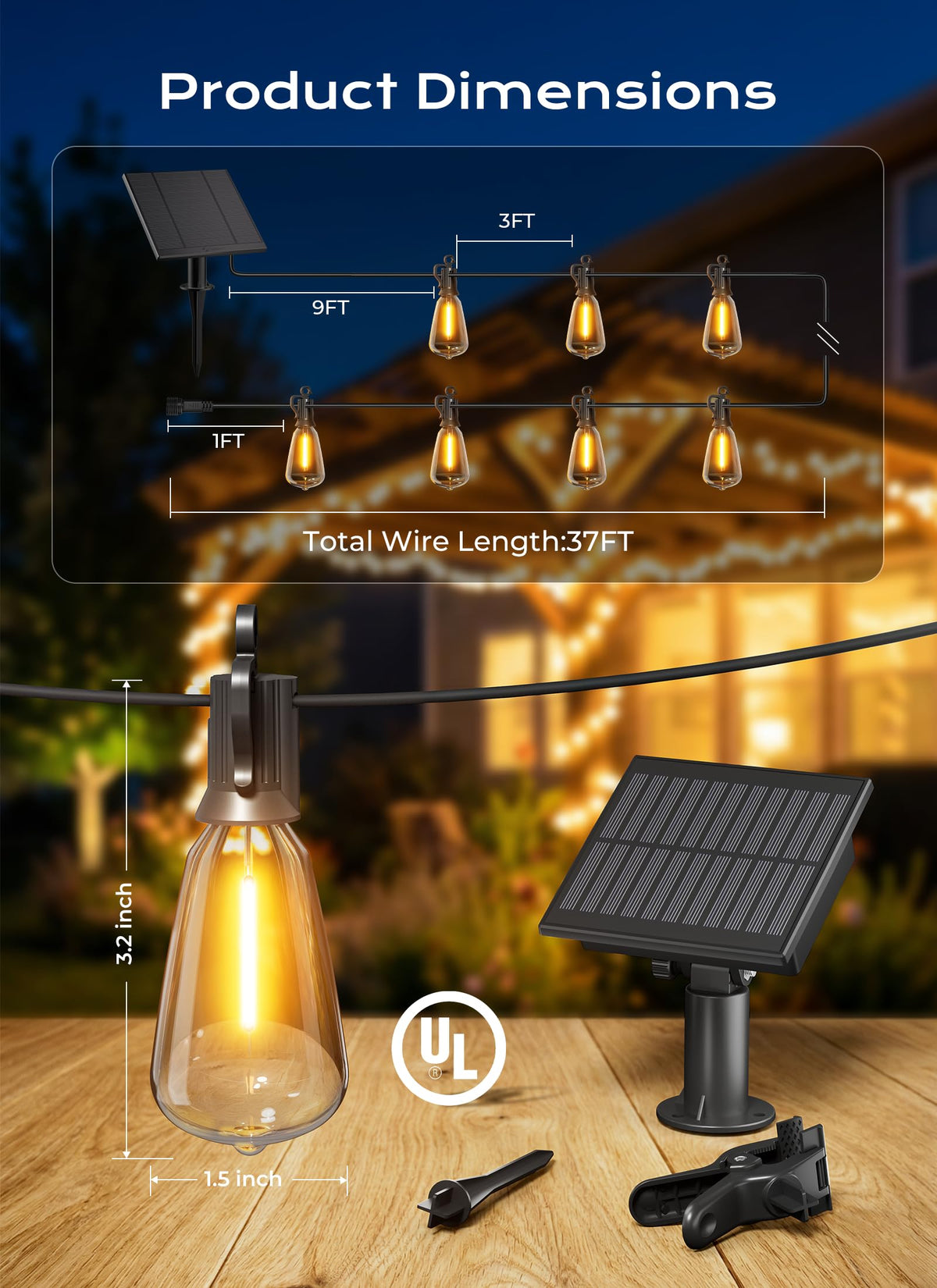 Brightown 52FT Solar String Lights Outdoor Waterproof, Last 30+ Hrs Runtime
