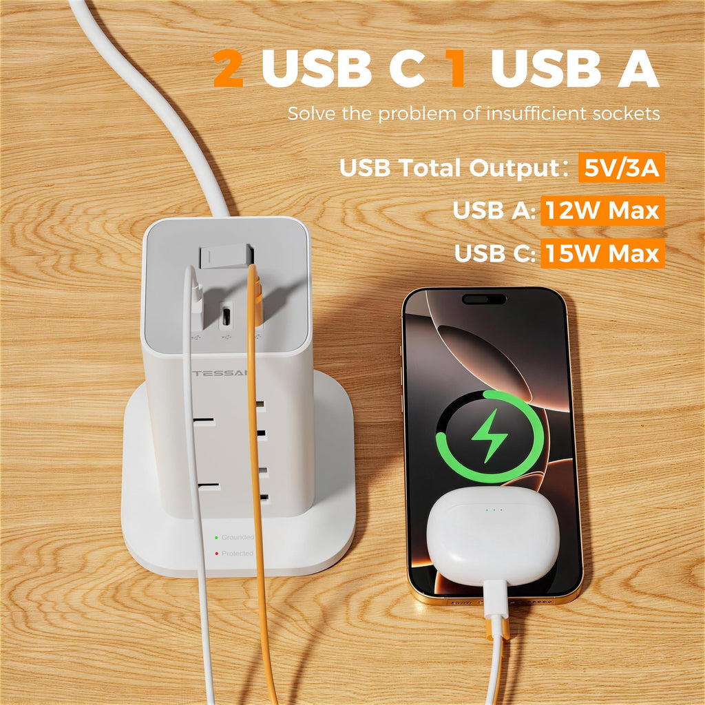 TESSAN Tower Black Extension Lead with USB C Slots