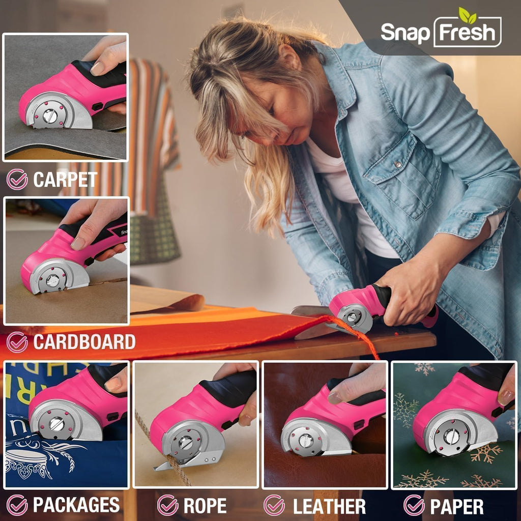 SnapFresh Cordless Electric Scissors, 4V Electric Mini Box Cutter, Carpet & Cardboard Cutter Tool with a Replacement Blade/Charger, Rotary Cutter for Cardboard Packages Leather Plastic （Green）