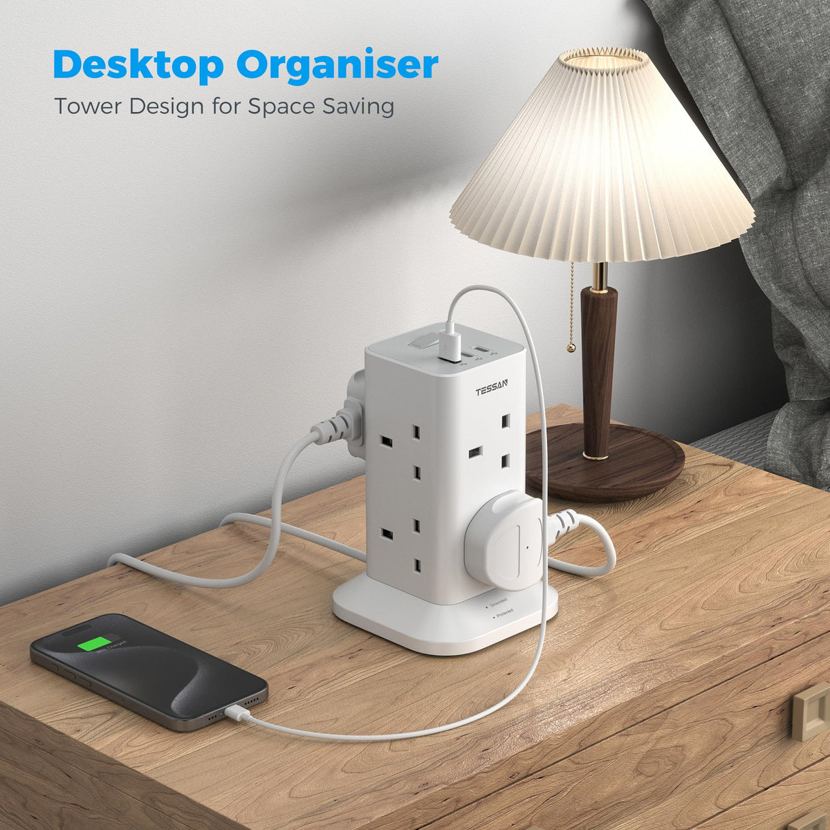 TESSAN Tower Black Extension Lead with USB C Slots