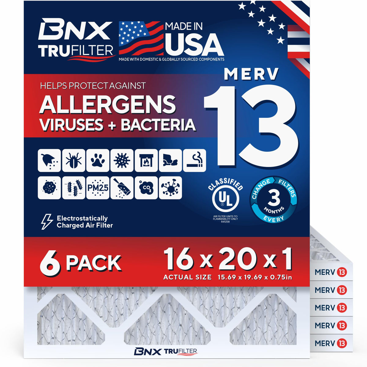 BNX TruFilter 20x20x1 Air Filter MERV 13 Smoke, Allergy, Pet Defense 6-Pack