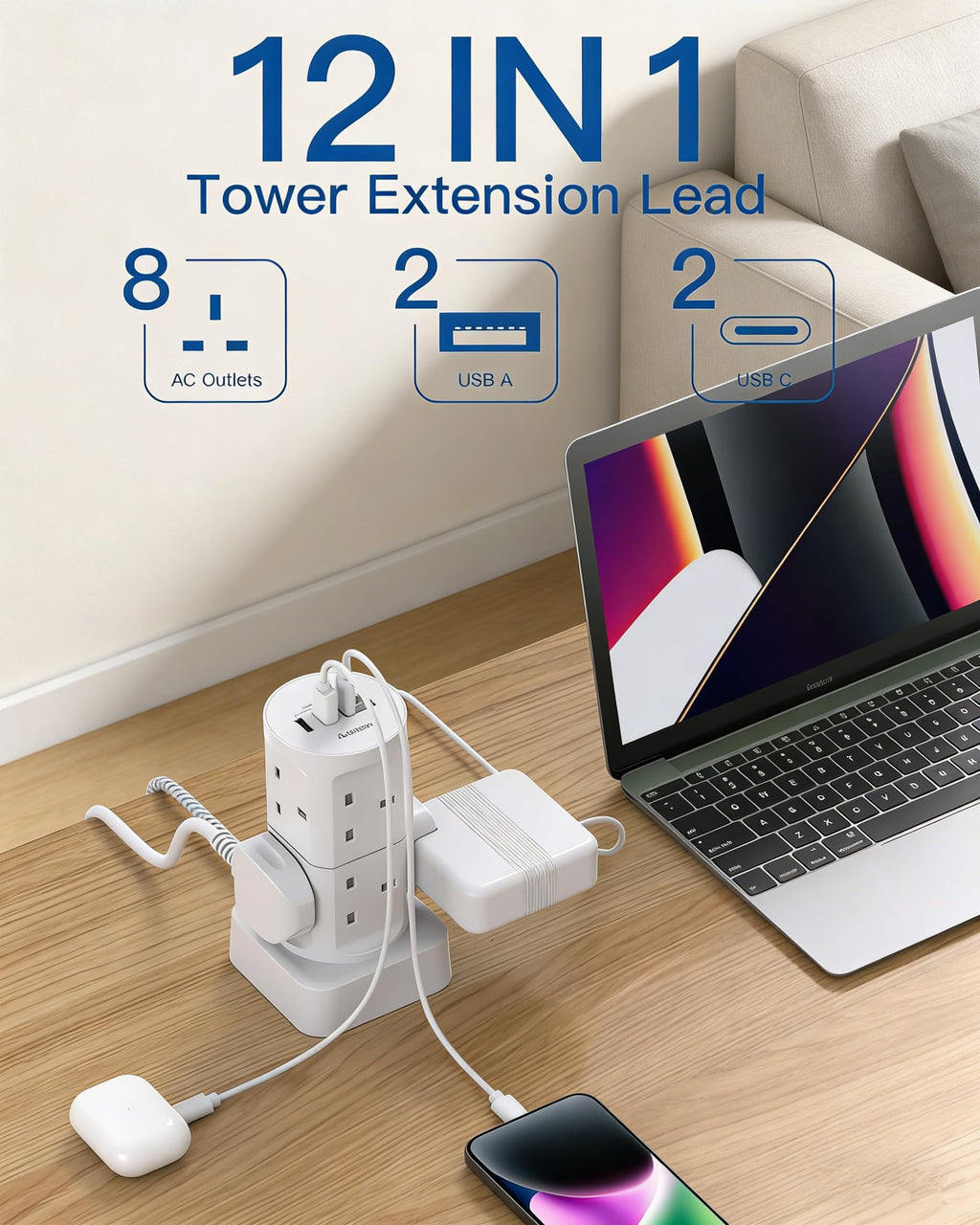 Tower Extension Lead with USB Slots, 8 Way Multi Plug Extension Tower &4USB