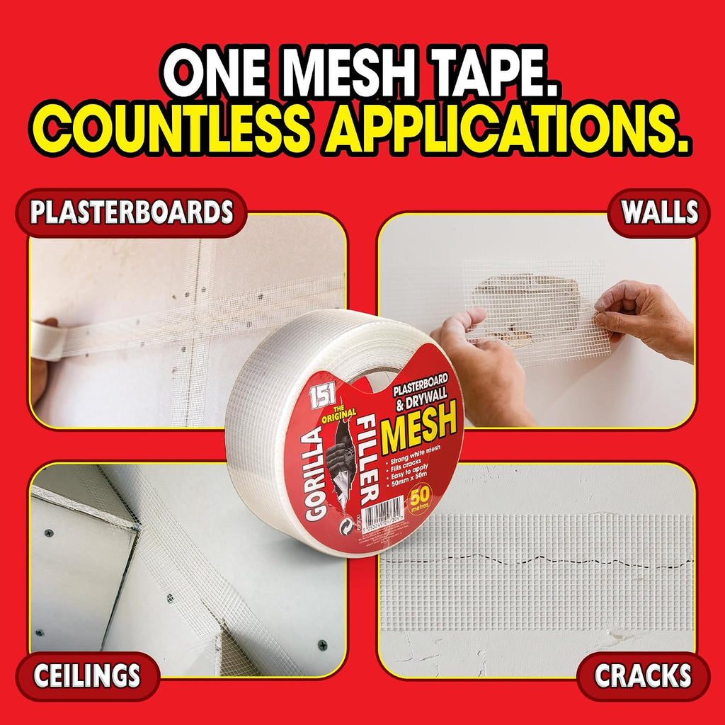Gorilla Filler Plasterboard & Drywall Mesh Tape | Fills Cracks - Easy to Apply (Self Adhesive) | 50mm x 50m (White, 50m)