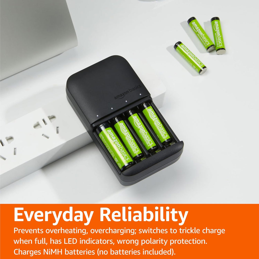 Amazon Basics Battery Charger for Rechargeable AA and AAA NiMh Batteries – UK Plug, 4-Bay, Black