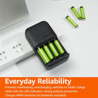 Amazon Basics Battery Charger for Rechargeable AA and AAA NiMh Batteries – UK Plug, 4-Bay, Black