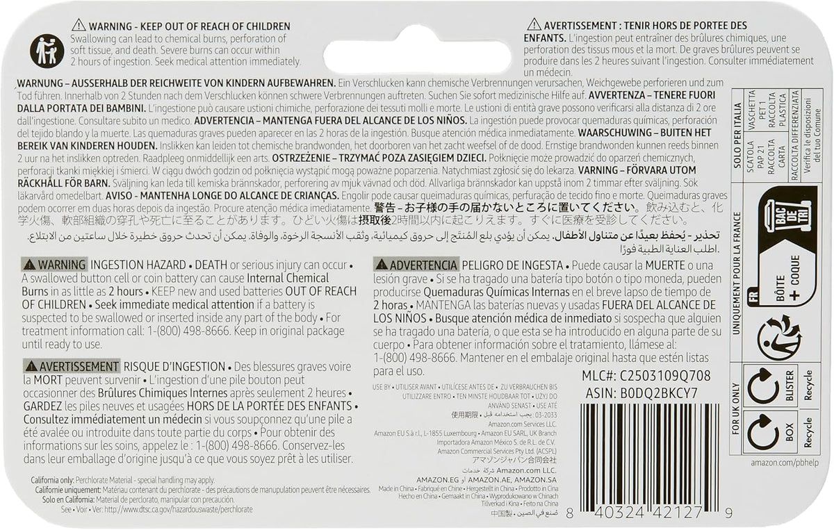 Amazon Basics 6-Pack CR2450 Lithium Coin Cell Battery, 3 V, Long-Lasting Power, Mercury-Free, Child-Safe Package (Use Scissors to Open)