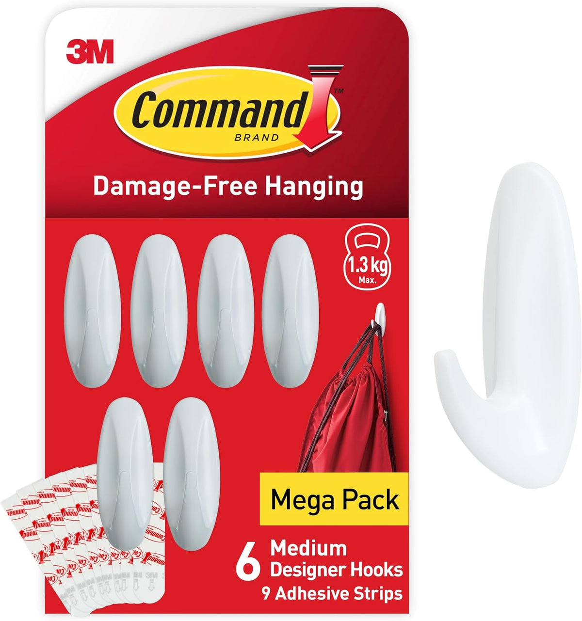 Command Medium Designer Hooks, 6 White Hooks and 9 Adhesive Strips