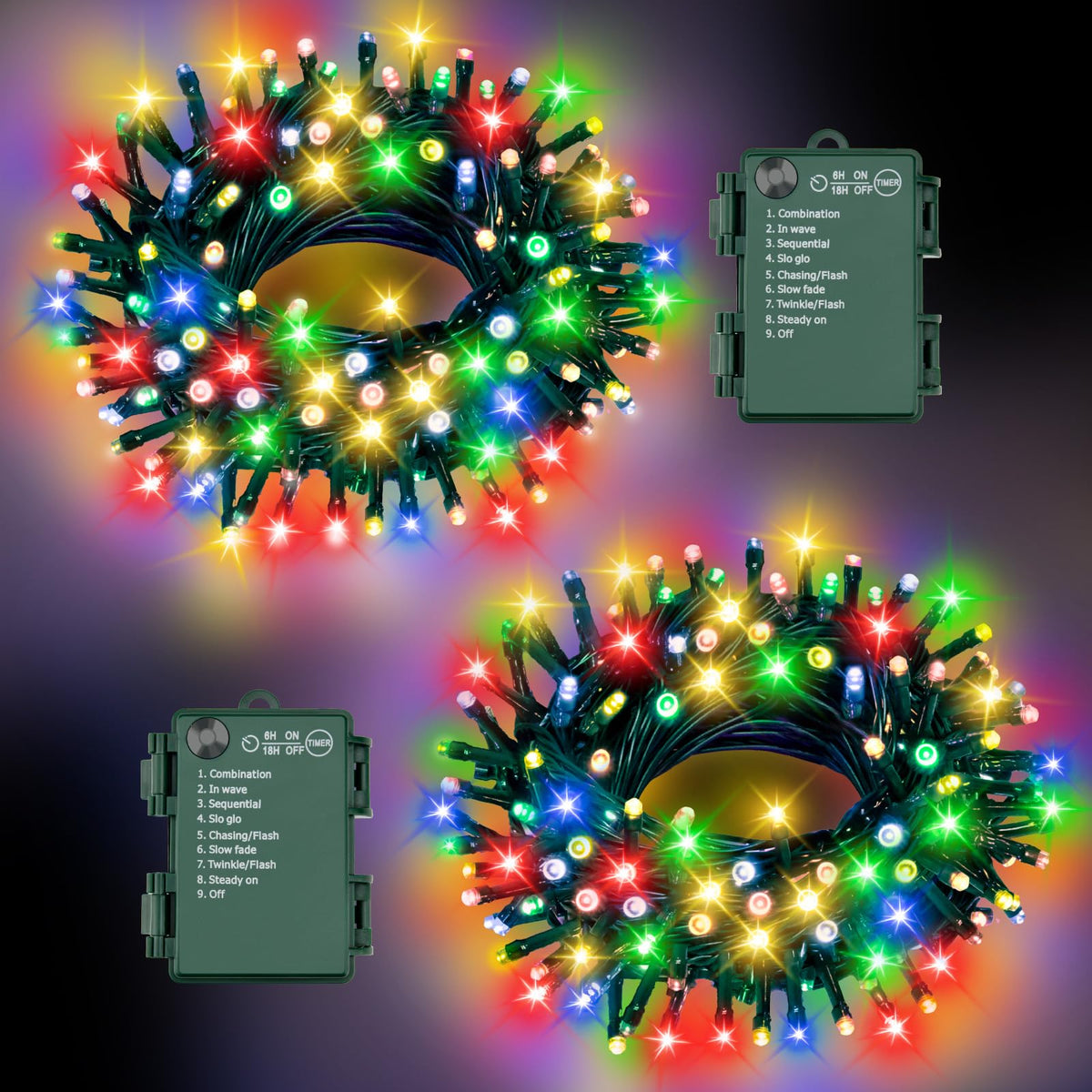 Christmas Lights Outdoor Battery Operated String Lights Total 100LED 33Ft with Timer 8 Modes 16.4Ft*2 Waterproof Outdoor Indoor for Christmas Decor, Warm White, 2-Pack