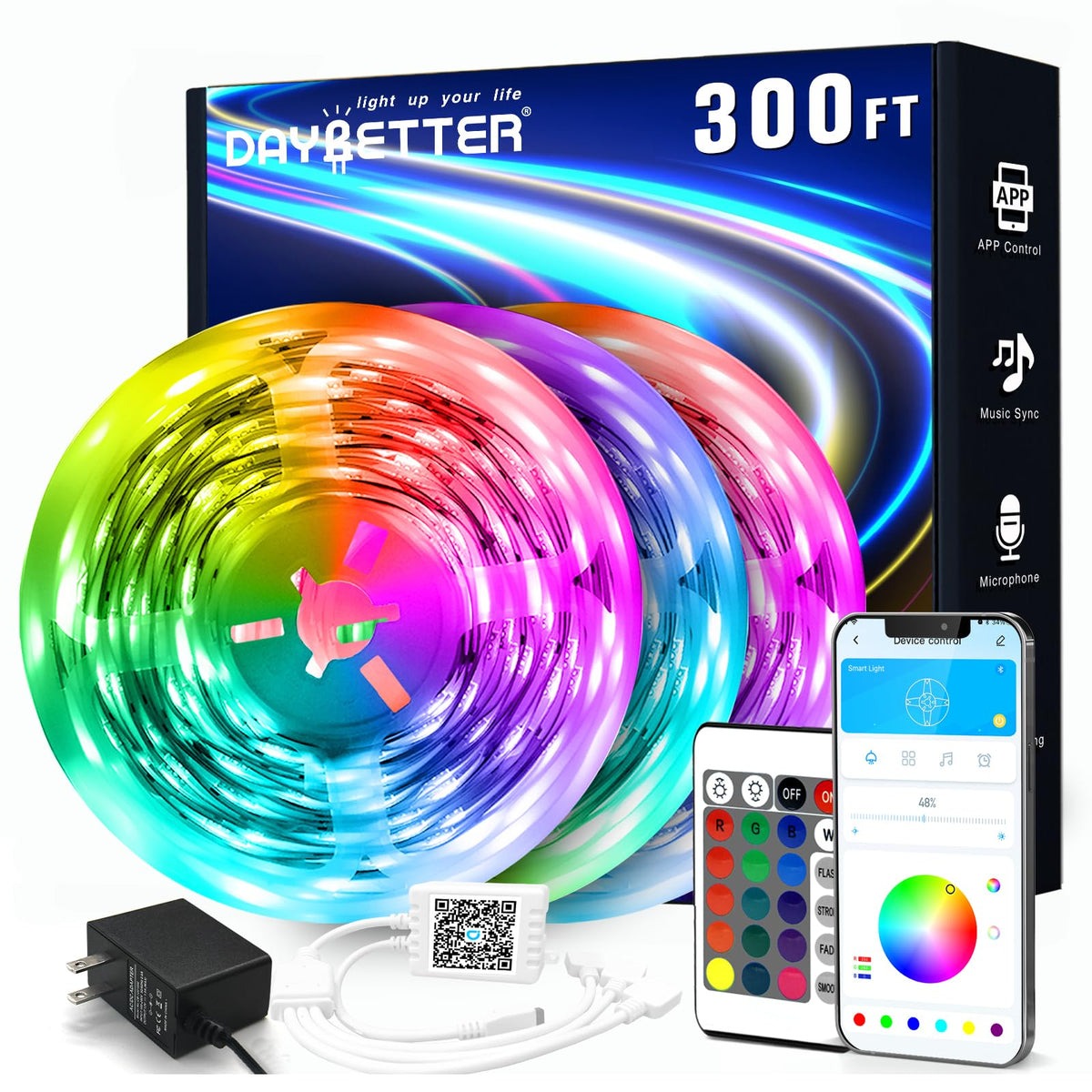 DAYBETTER LED Strip Lights 200 ft (2 Rolls of 100 ft), Smart App Control Lighting Bedroom Rome Decor with Remote, RGB Color Changing LED Lights for Party