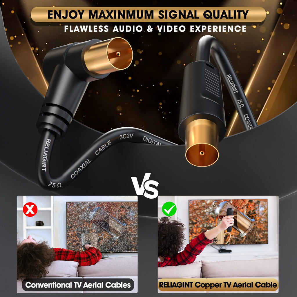 TV Aerial Cable 10m, 75 Ohm Coaxial Lead, IEC 9.5mm Male to Male 3C2V Pure Copper Dual Shielded, Right-Angle Connector, Female to Female Adaptor Included, Black