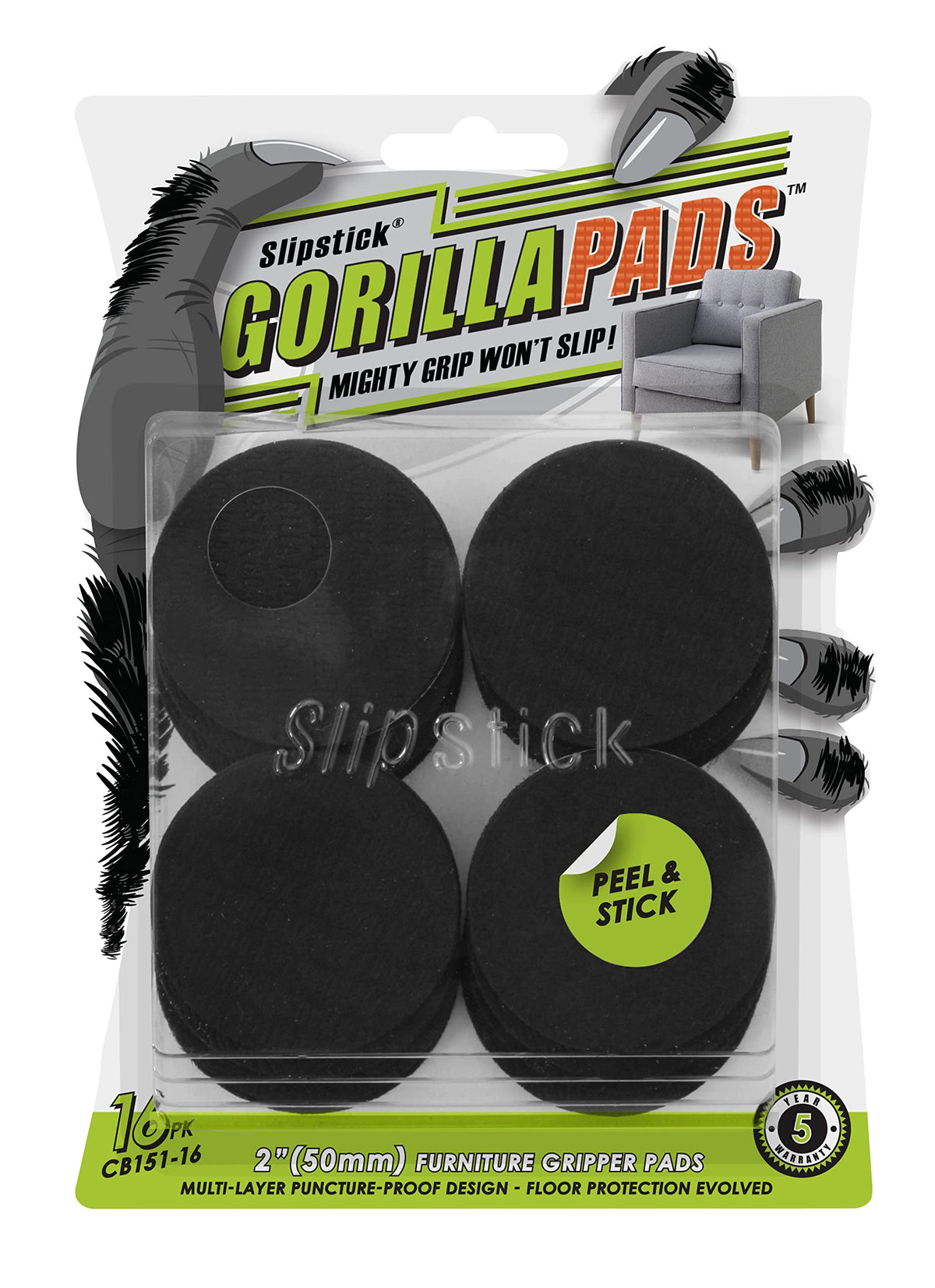 Slipstick GorillaPads Non Slip Furniture Pads/Gripper Floor Protectors (Set of 4) 3 Inch Square Self Adhesive Rubber Stoppers for Furniture Legs, CB155