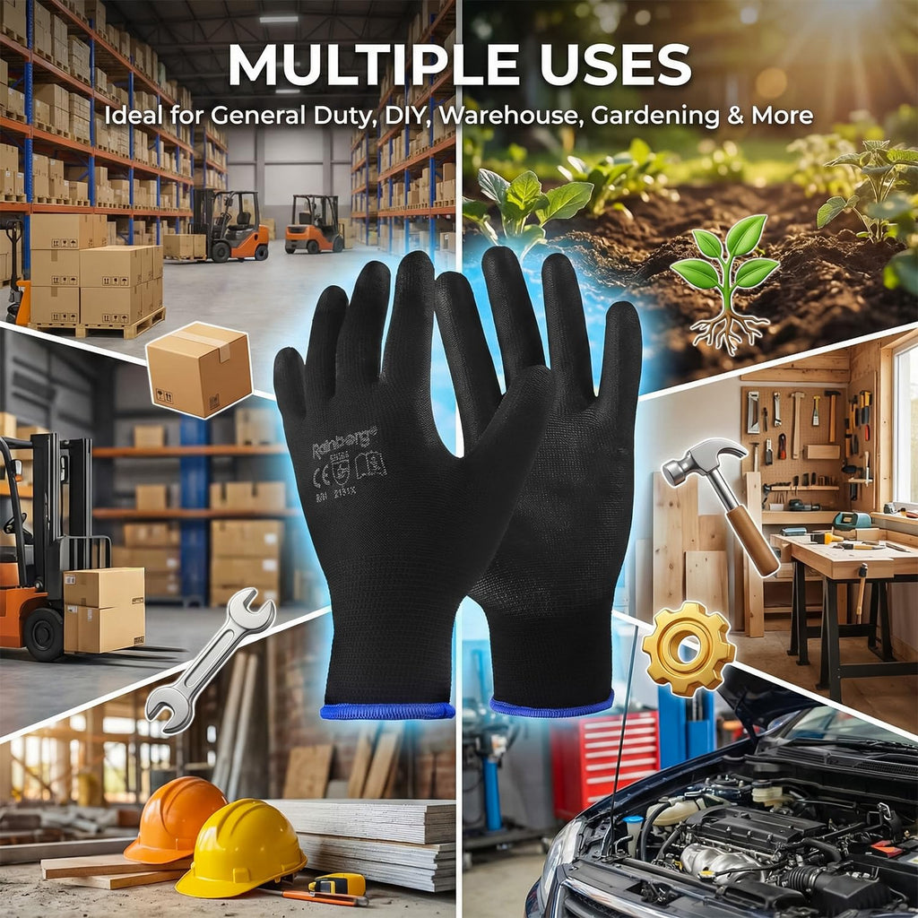 Rainberg Pack of 12 or 24 Safety Gloves, Work Gloves, with Secure Grip on Palm & Fingers, PU and Nylon Non-Slip Gloves, Ideal for General Duty Work, Gardening. (Pack of 12 Pair's, Large)