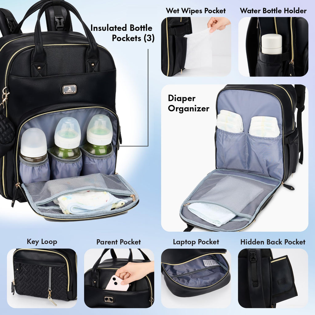 Dikaslon Baby Changing Bag Backpack, Large Nappy Back Pack Multifunction Baby Bags with Portable Changing Mat, Pacifier Holder, and Stroller Straps, for Mom and Dad
