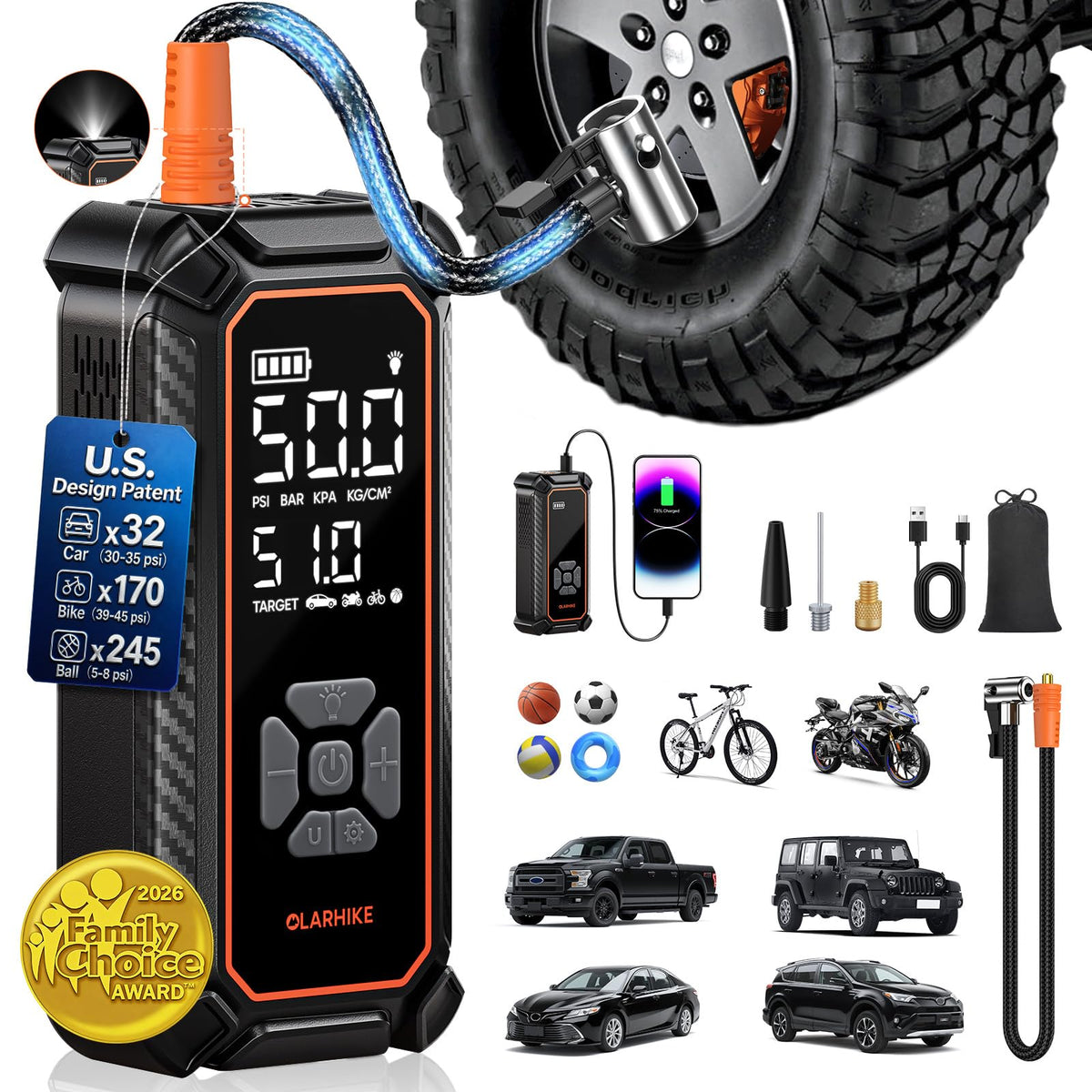 OlarHike Tire Inflator Portable Air Compressor,Dual Power-3*2500mAh &12V DC