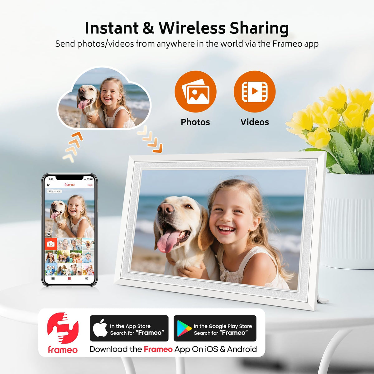 Frameo WiFi Digital Photo Frame 10.1 Inch - 1280x800 HD IPS Touch Screen Picture Frame Electronic, 32GB Memory, Auto Rotate, Wall Mountable, Digital PictureFrame for Sharing Photos and Videos