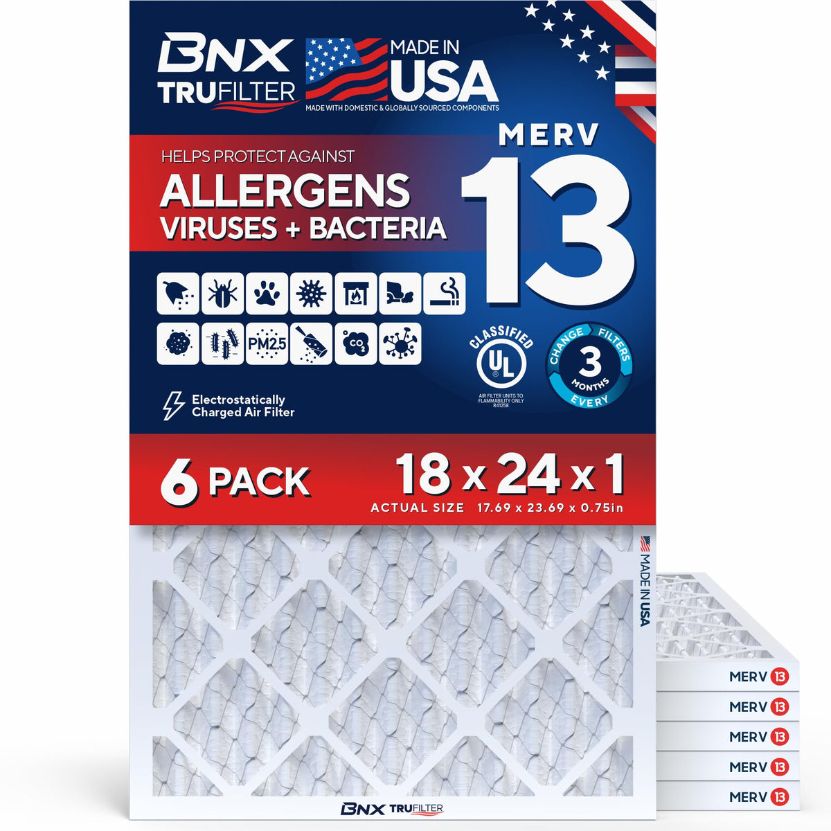 BNX TruFilter 20x20x1 Air Filter MERV 13 Smoke, Allergy, Pet Defense 6-Pack