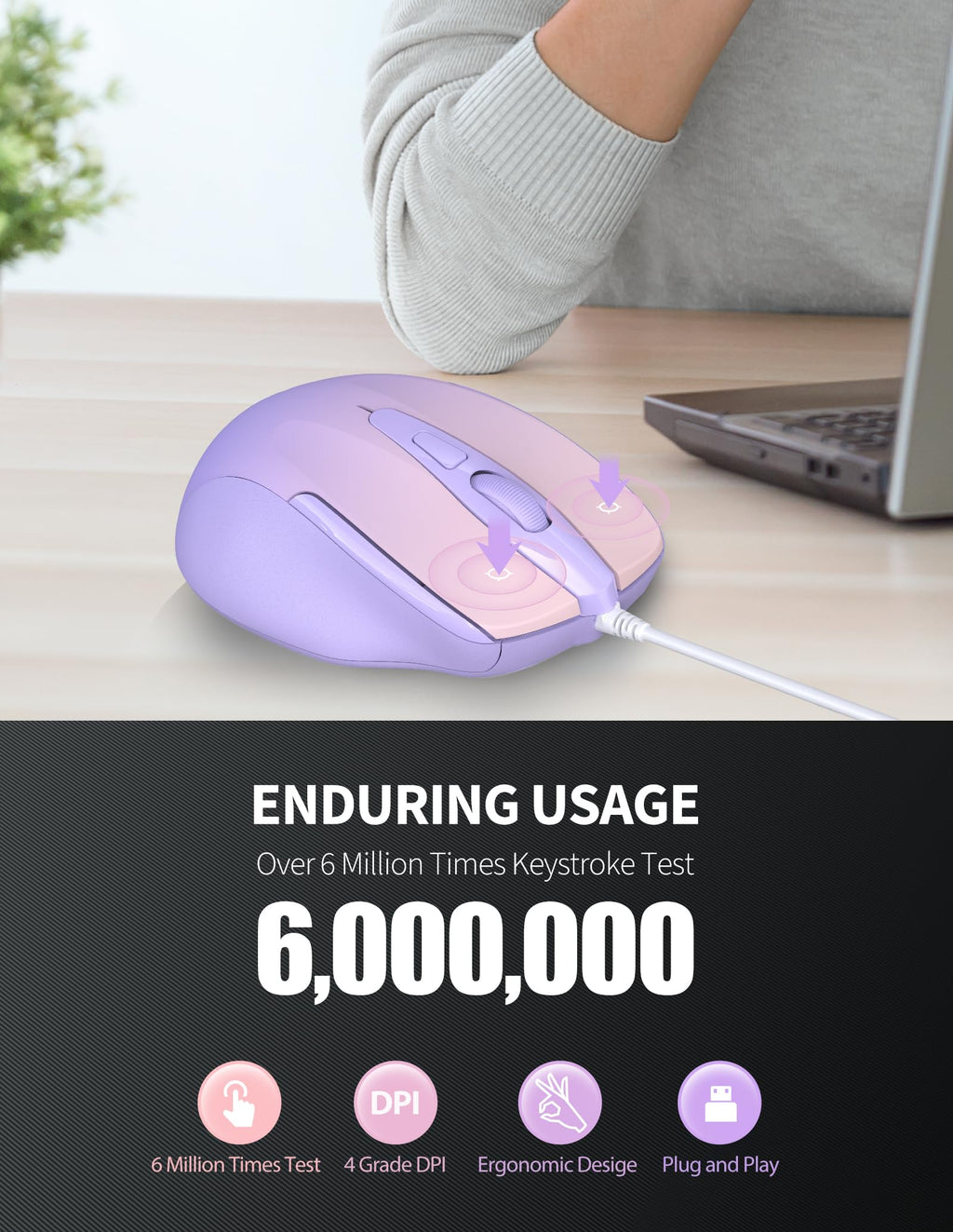 TECKNET USB Wired Mouse,6400 DPI Optical,6-Button Ergonomic Computer Mouse