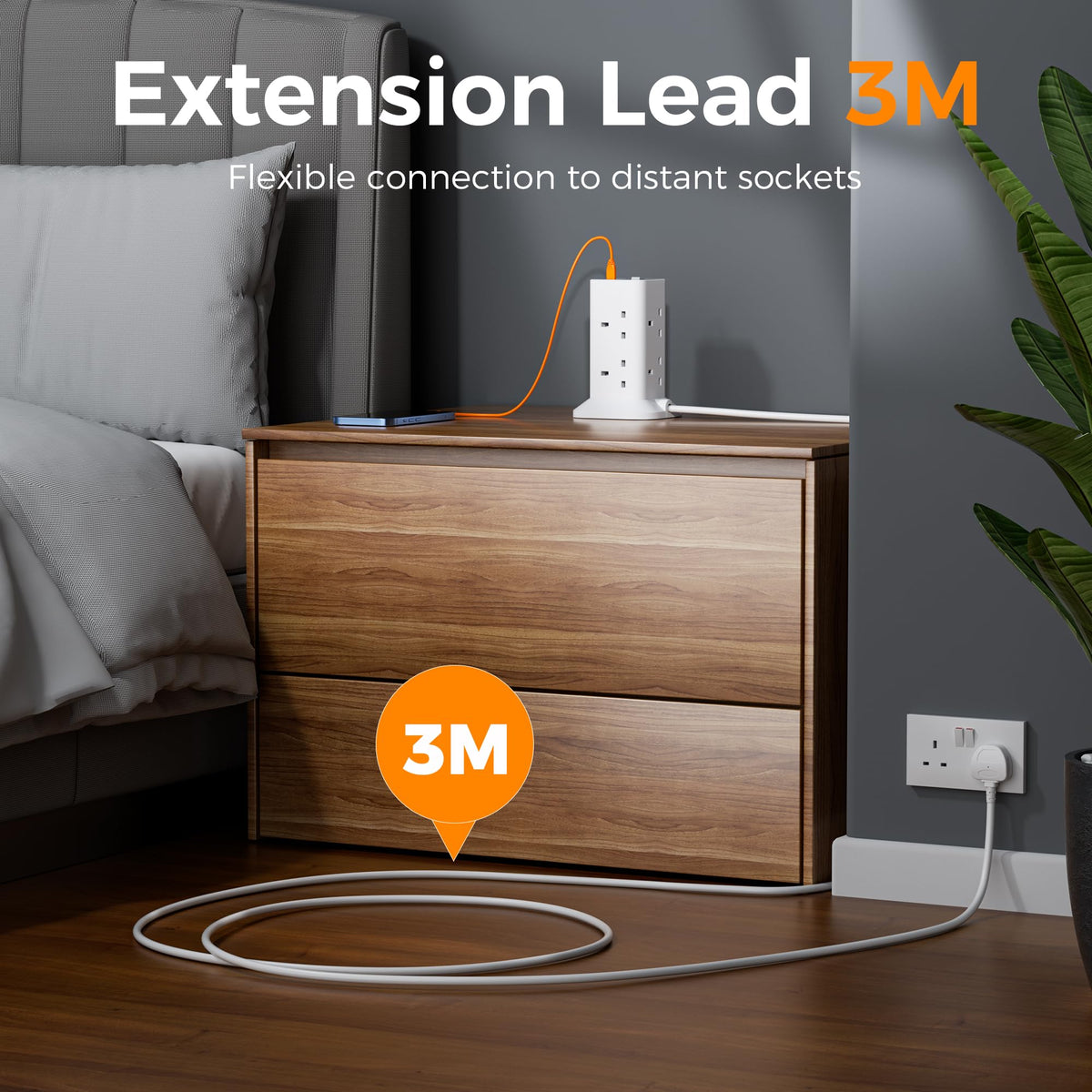 TESSAN Tower Black Extension Lead with USB C Slots