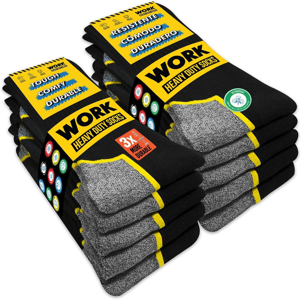 SOXCO 10 Pairs Men’s Work Socks, Black Crew Length | DRI-WIK Moisture Management Technology | Super Soft Cushioned Footbed | Reinforced Heel & Toe | Dura-Stretch Elastane | Pack of 6 or 10 Pairs