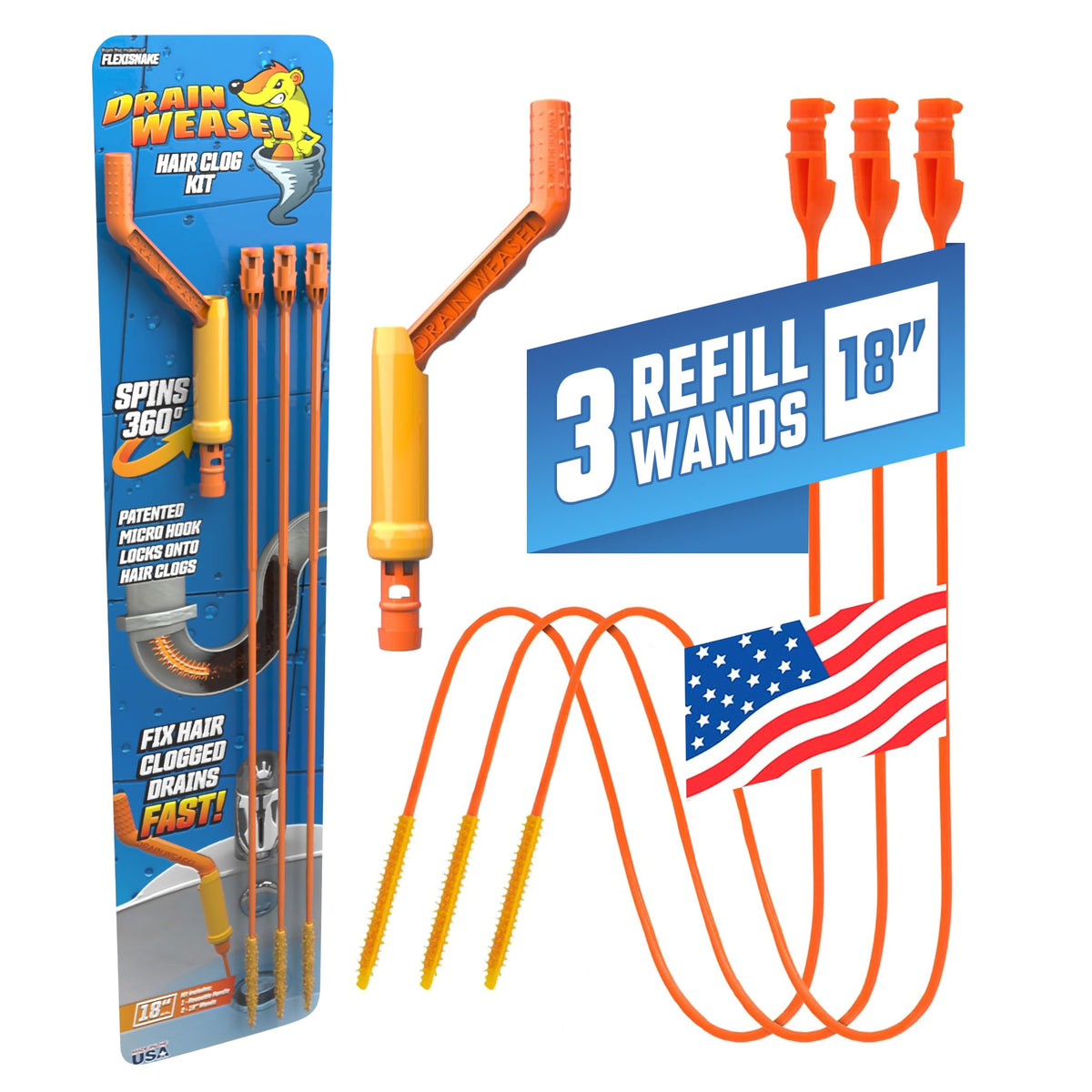 FlexiSnake Drain Weasel Sink Snake Hair Clog Remover Tool Kit, 5 Wands