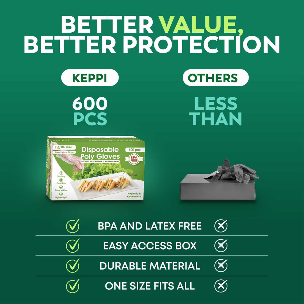 Keppi 600 Pack Disposable Food Prep Gloves – Clear Polyethylene, Latex- BPA & Powder-Free – Bulk Kitchen Gloves for Cooking, Catering, BBQ, Baking, Restaurant Food Handling