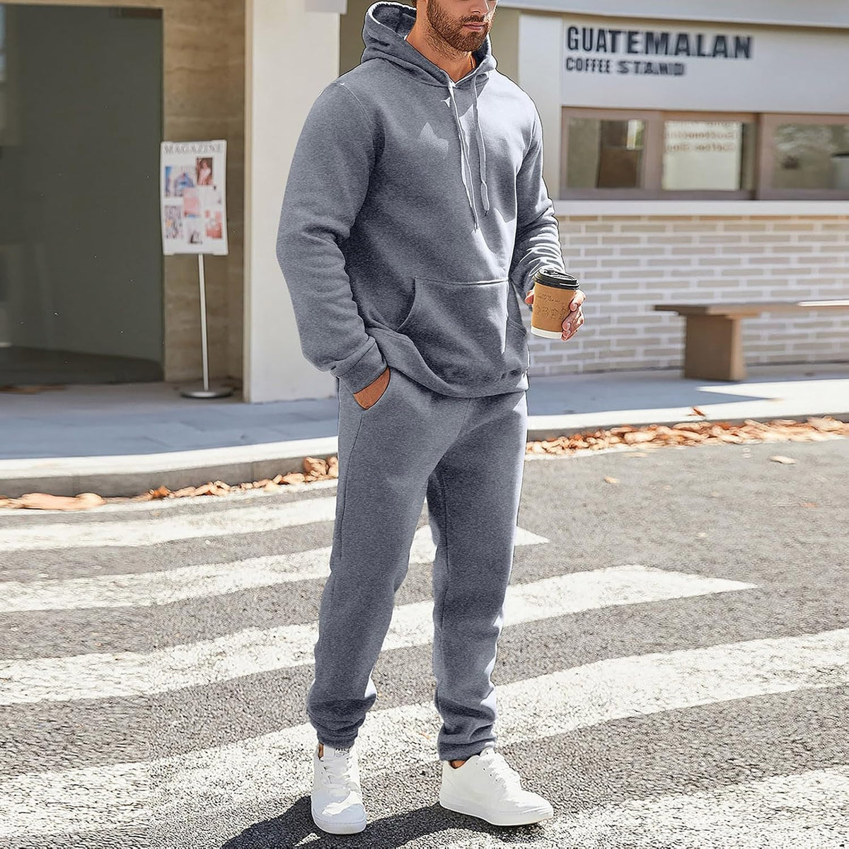 Mens Plain Tracksuit Long Sleeve Hooded Sweatshirt Sweatpants Set Hoodie Joggers Sets 2 Piece Fashion Sweatsuits Activewear Sportswear Men's Clothing UK