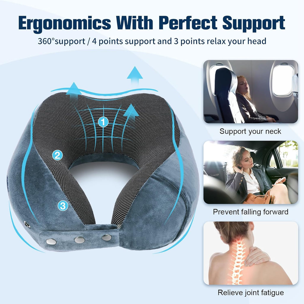Cirorld Travel Pillow for Airplane, Neck Pillow for Travel, Memory Foam Travel Neck Pillow for Adults, Adjustable & Compact Flight Pillow, Ergonomic Neck Cushion, With Ear Plugs, Eye Mask, Carry Bag