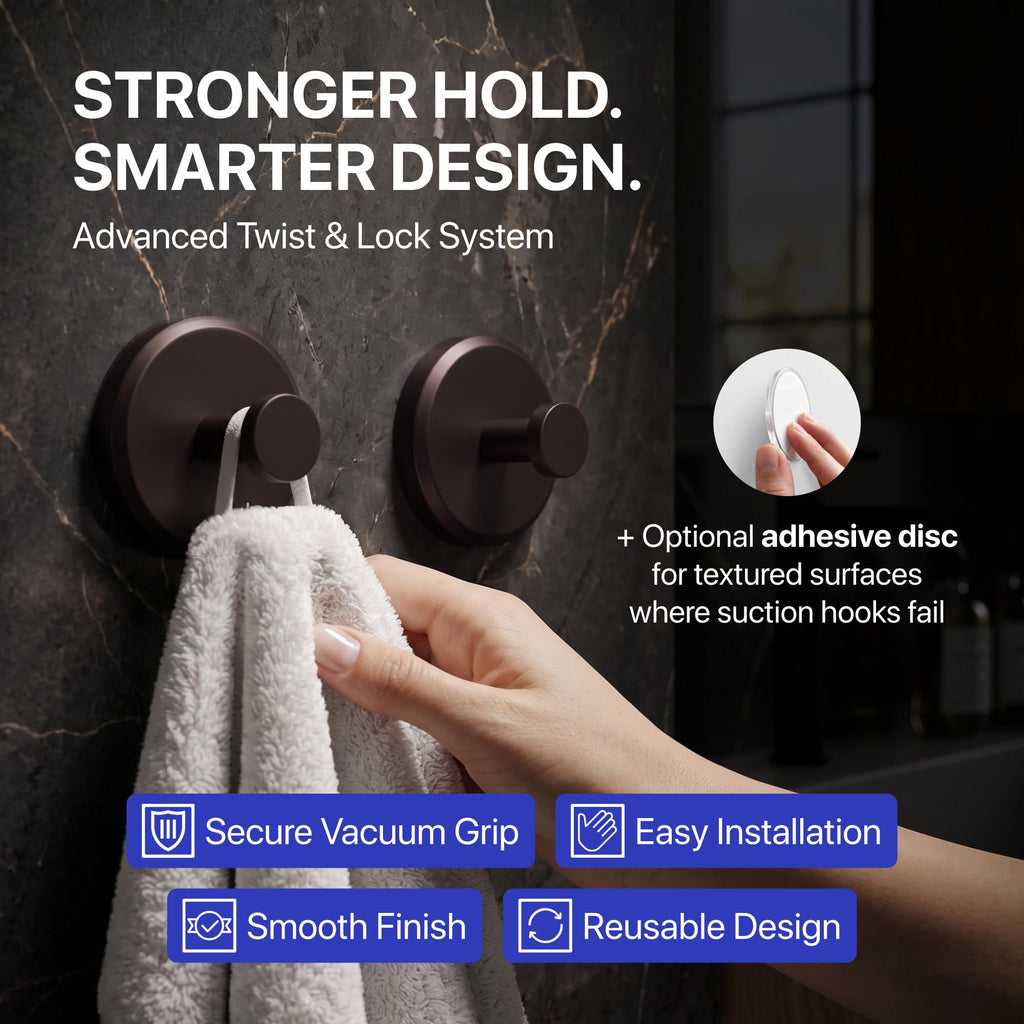 HOME SO Suction Cup Hooks for Shower & Bathroom Towel Holder 2-Pack Black