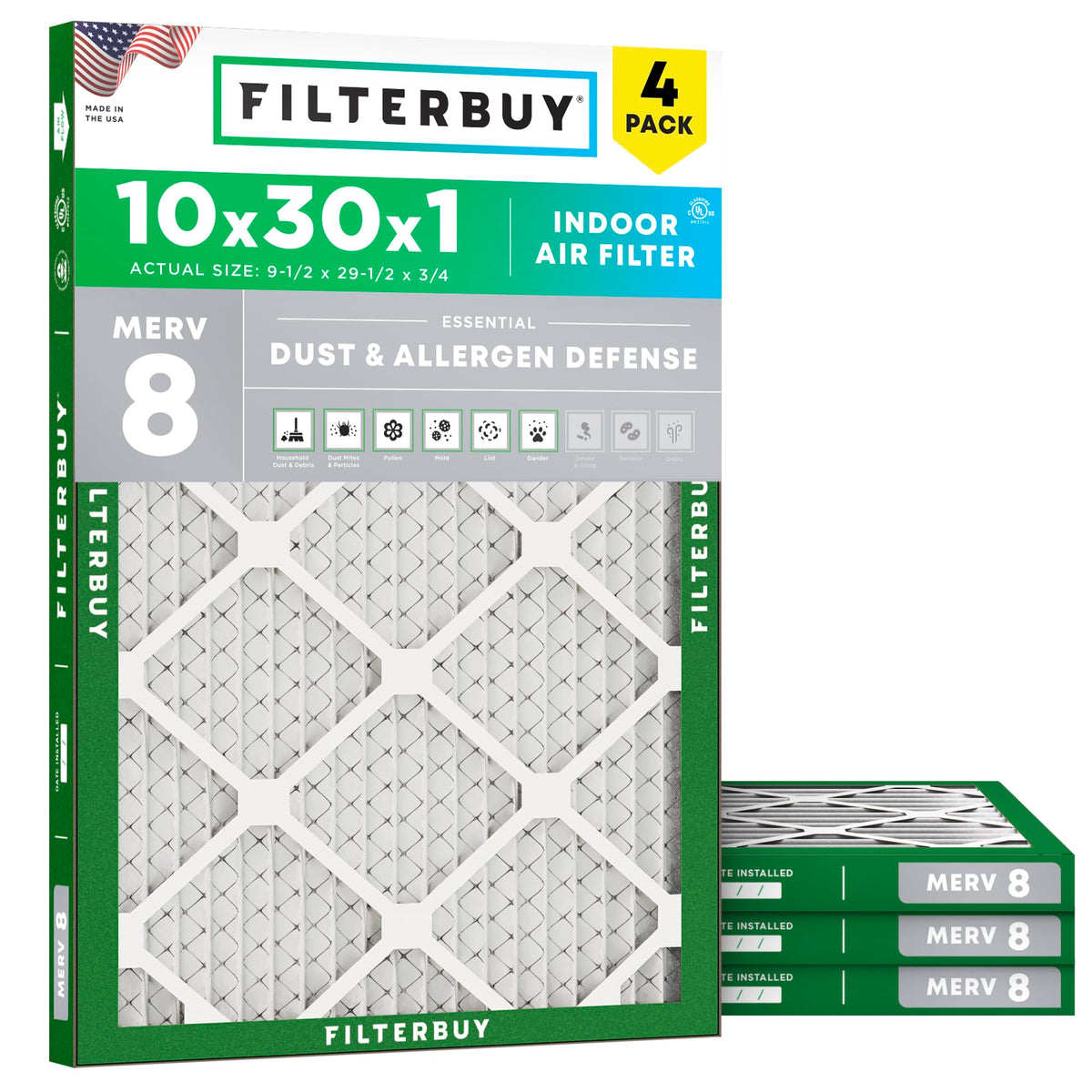 Filterbuy 20x20x1 Air Filter MERV 8 Dust & Allergy Defense (4-Pack)