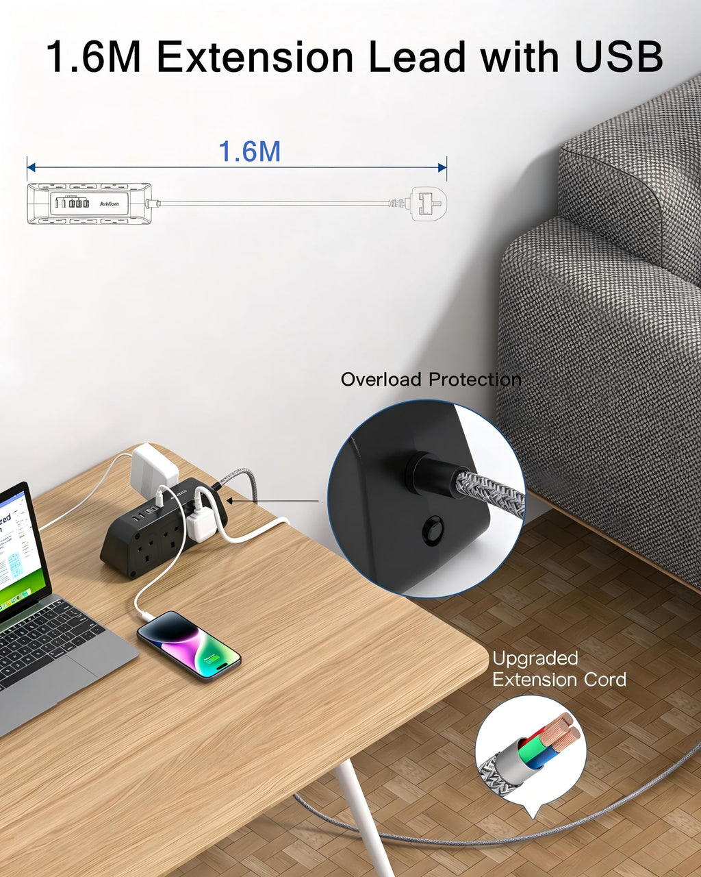Extension Lead with USB Slots, 6 Way Outlets 5 USB (5A, 3 USB- C Port),1.6M